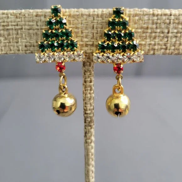 Womens Clip On Earrings Crystal Christmas Trees Gold Tone Accents Green Red 1 in - Picture 4 of 6